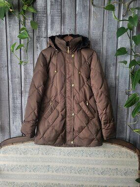 M Collection Brown Quilted Down Feather Puffer Coat Jacket Hooded Medium